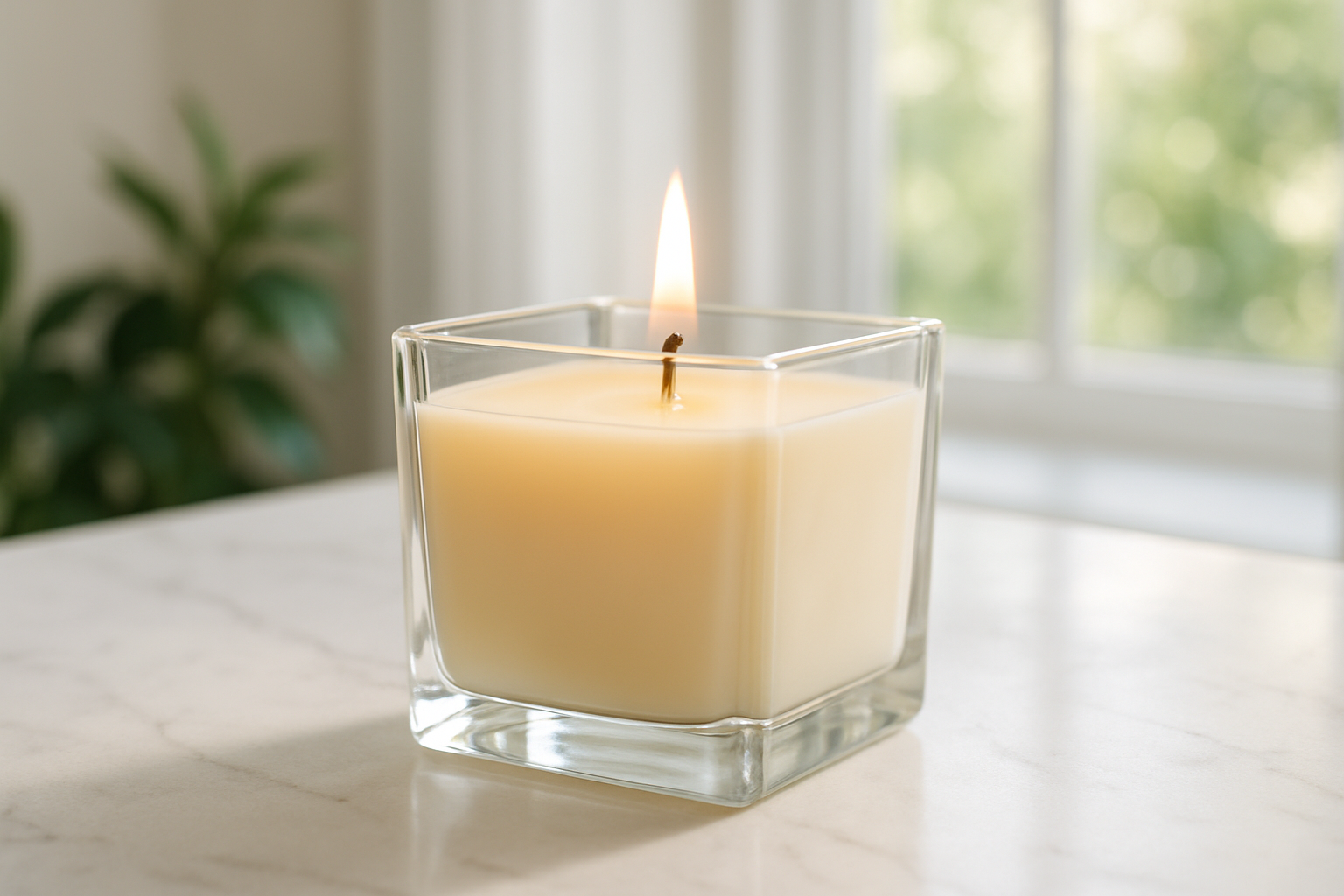 Beautiful candle in a square vessel in a day time setting 