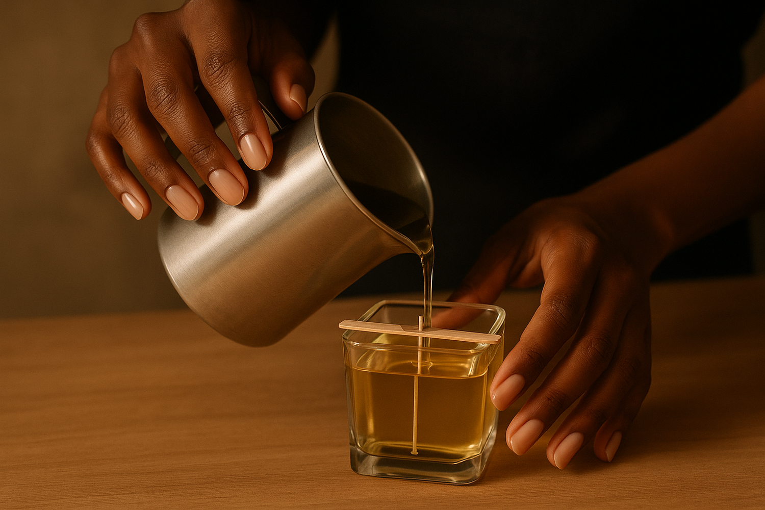 black woman's hands pouring a candle into a square vessel