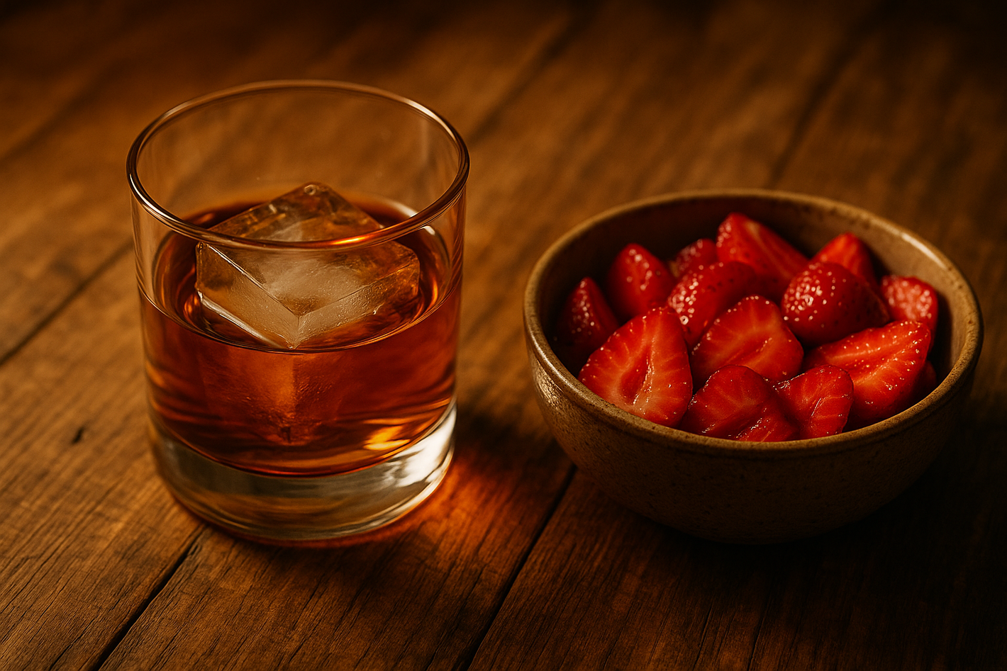 bourbon with a square ice cube on a wood table next to a bowl of cut strawberries