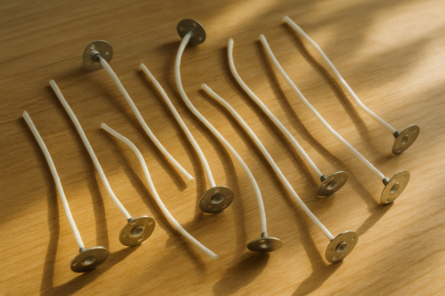 candle wicks laid out on a table in the day light