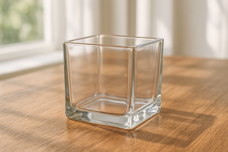 clear glass empty square candle vessel on a table in the daylight